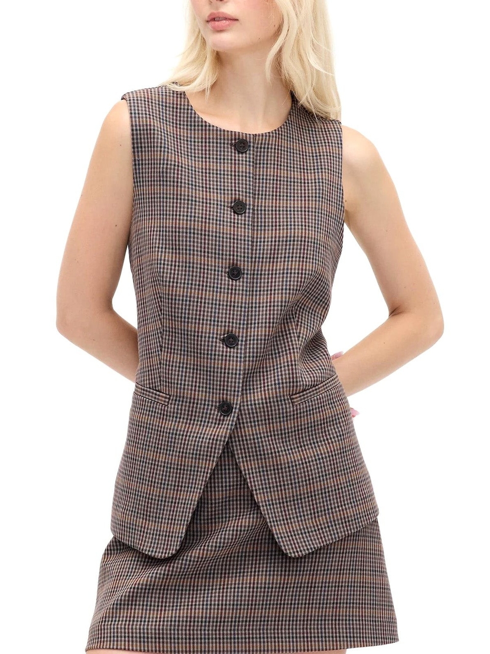 GAP Brown Multi Plaid Sleeveless Button Vest